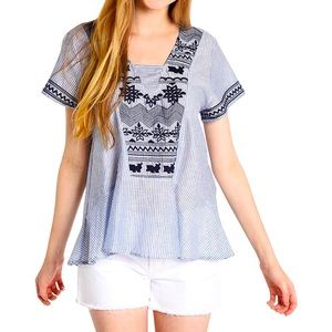 THML stripe short sleeve top with embroidery